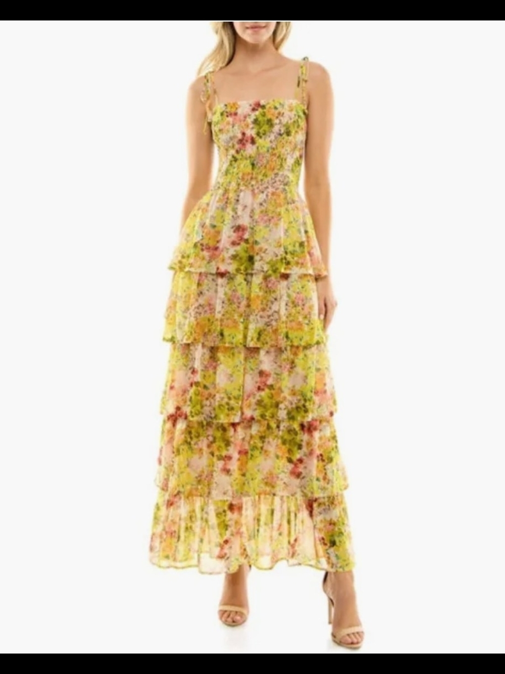 Socialite Floral Print Smocked Tiered Maxi Dress in Yellow Cluster Floral